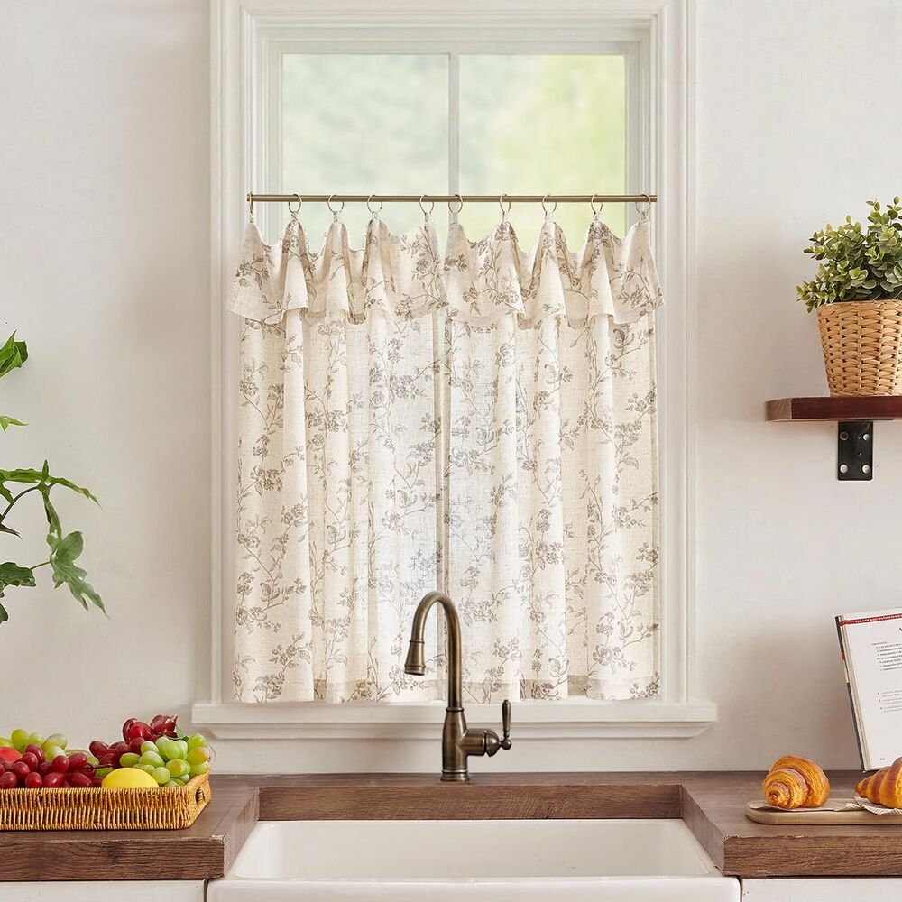 30"W x 36"L Alisa Taupe Floral Tier Curtains with Valance